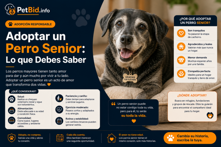 Infografía sobre adoptar un perro senior: retrato de un perro mayor, con las ventajas de la adopción y los cuidados que necesita
