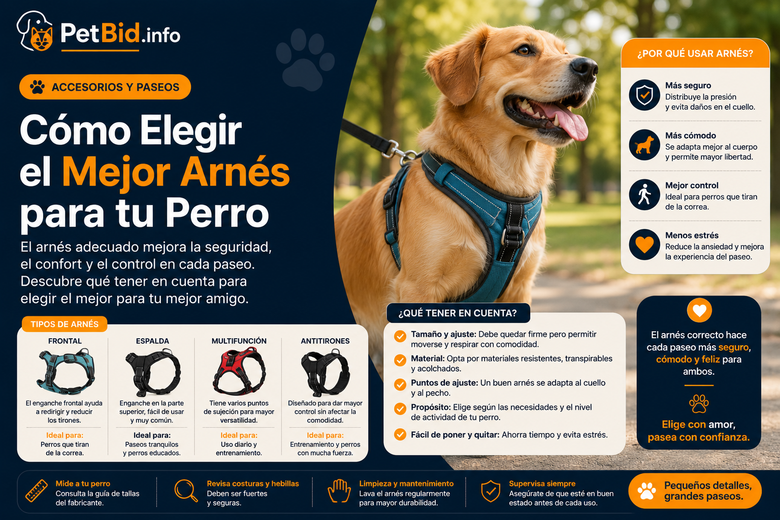 Infografía para elegir el arnés del perro: golden retriever con arnés puesto, comparativa de tipos y guía de tallas