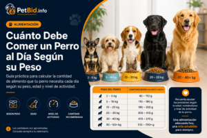 Infografía de raciones diarias para perros: varios perros de distintos tamaños junto a un comedero, con la tabla según el peso