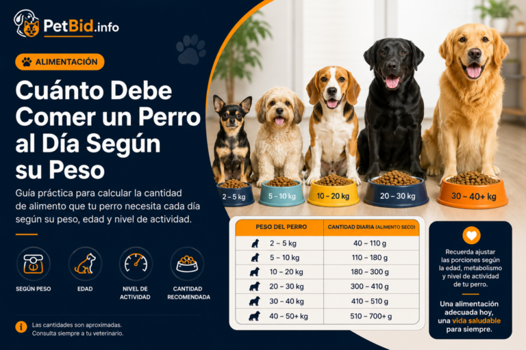 Infografía de raciones diarias para perros: varios perros de distintos tamaños junto a un comedero, con la tabla según el peso
