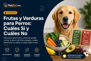 Infografía de frutas y verduras para perros: golden retriever junto a alimentos frescos, con la lista de permitidos y prohibidos