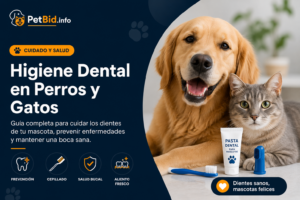 Infografía de higiene dental en perros y gatos: un perro y un gato juntos, con los pasos para prevenir el sarro