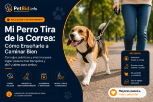 Infografía sobre el perro que tira de la correa: paseo con correa y arnés, con los tres métodos que funcionan y los errores comunes