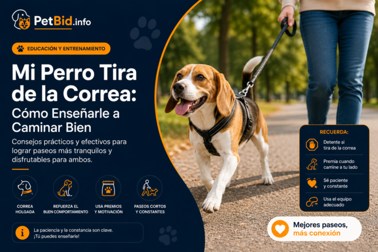Infografía sobre el perro que tira de la correa: paseo con correa y arnés, con los tres métodos que funcionan y los errores comunes