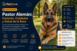 Infografía de la raza pastor alemán: ejemplar adulto de capa negra y fuego, con carácter, cuidados y salud