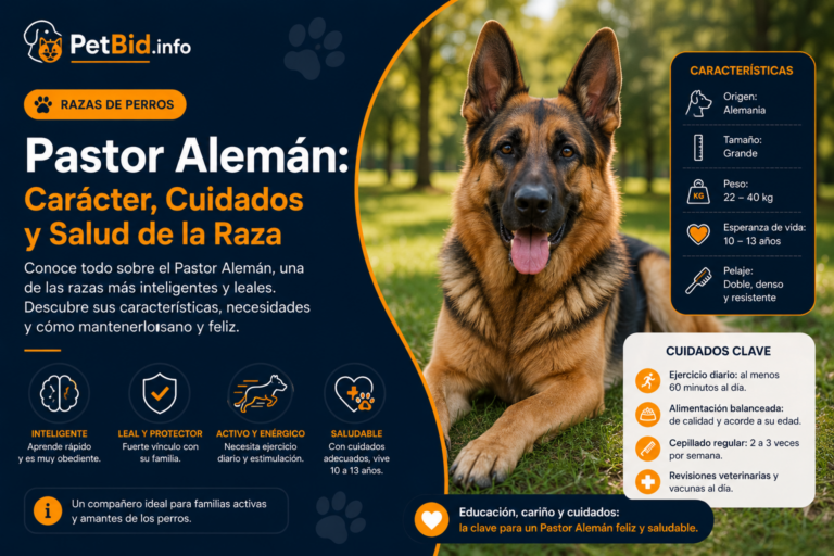 Infografía de la raza pastor alemán: ejemplar adulto de capa negra y fuego, con carácter, cuidados y salud