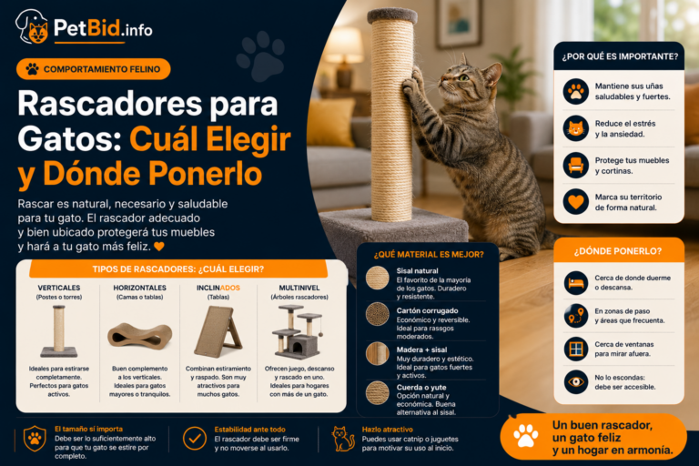 Infografía sobre rascadores para gatos: gato atigrado estirándose en un poste de sisal, con tipos, materiales y dónde colocarlo